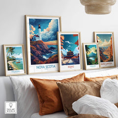 Nova Scotia Travel Poster displayed among other travel posters in a stylish home decor setting.