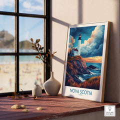 Nova Scotia Travel Poster featuring a lighthouse and vibrant landscapes, perfect for home or office decor.