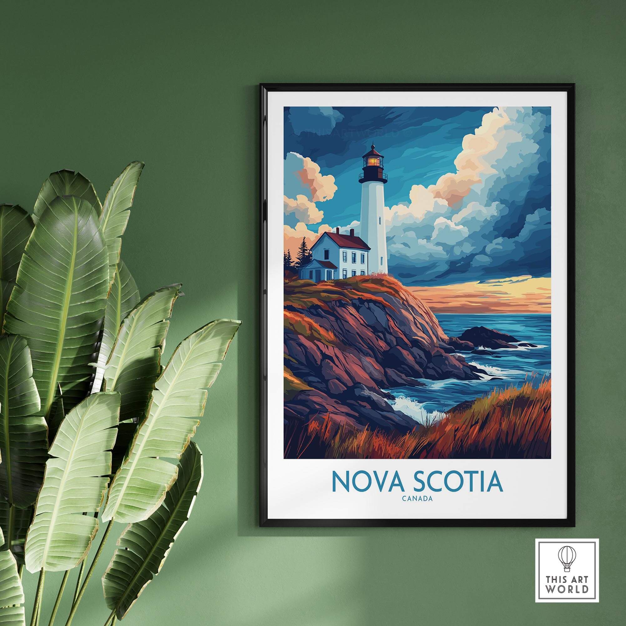 Nova Scotia Travel Poster featuring a lighthouse and ocean view, perfect for home decor.