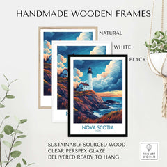 Nova Scotia Travel Poster framed in handmade wooden frames in natural, white, and black finishes.