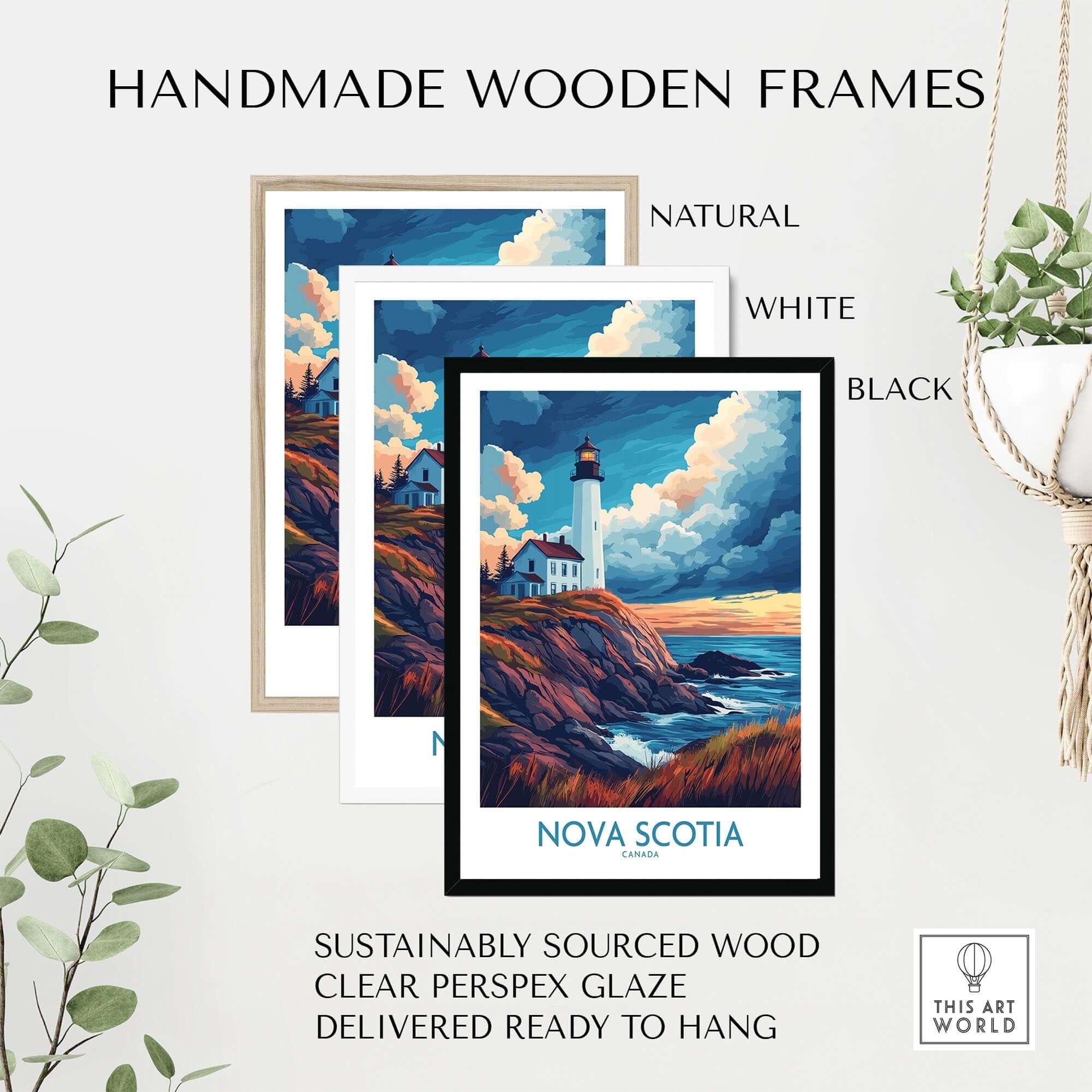 Nova Scotia Travel Poster framed in handmade wooden frames in natural, white, and black finishes.