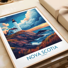 Nova Scotia Travel Poster featuring a lighthouse and ocean landscape, vibrant colors, Canada wall art.