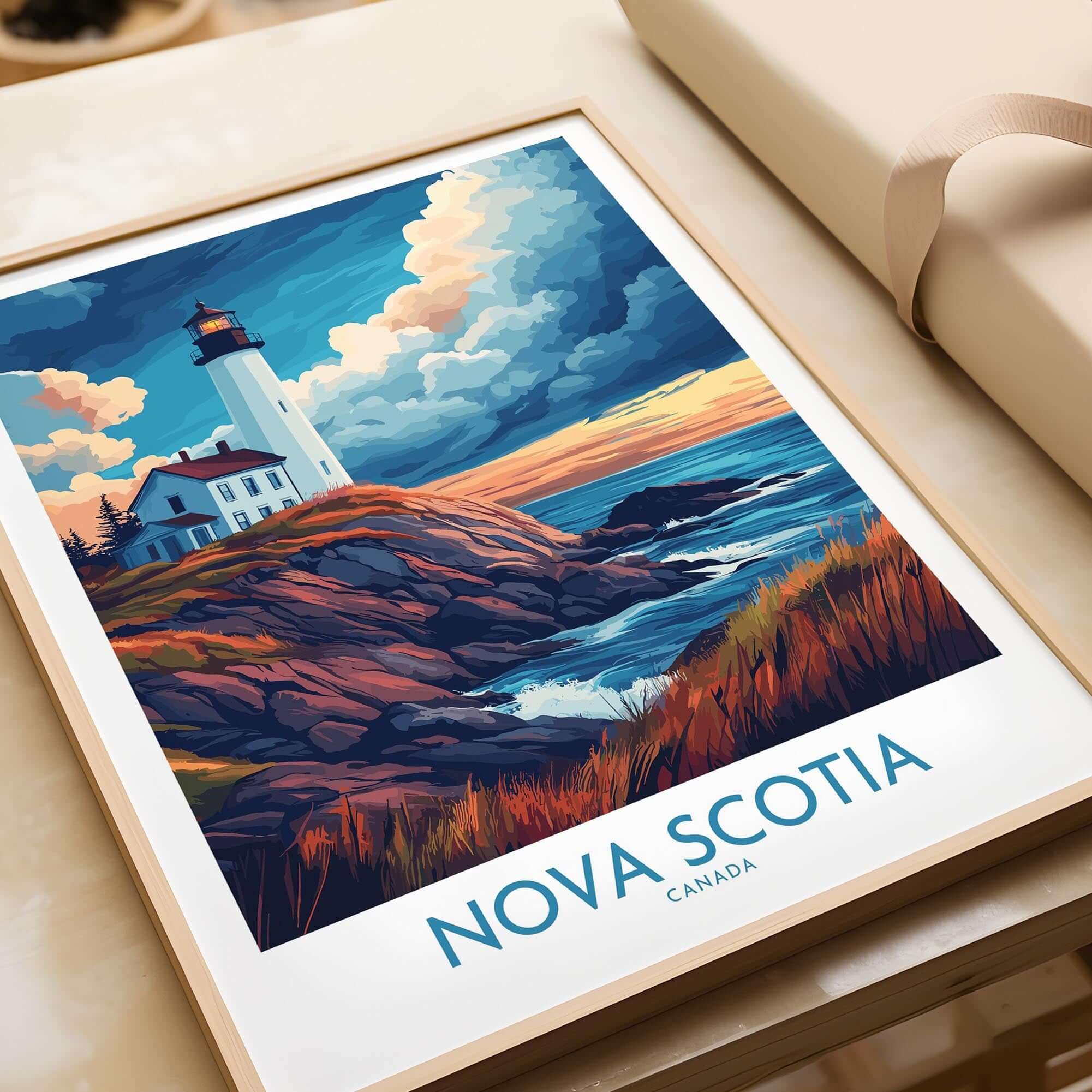 Nova Scotia Travel Poster featuring a lighthouse and ocean landscape, vibrant colors, Canada wall art.