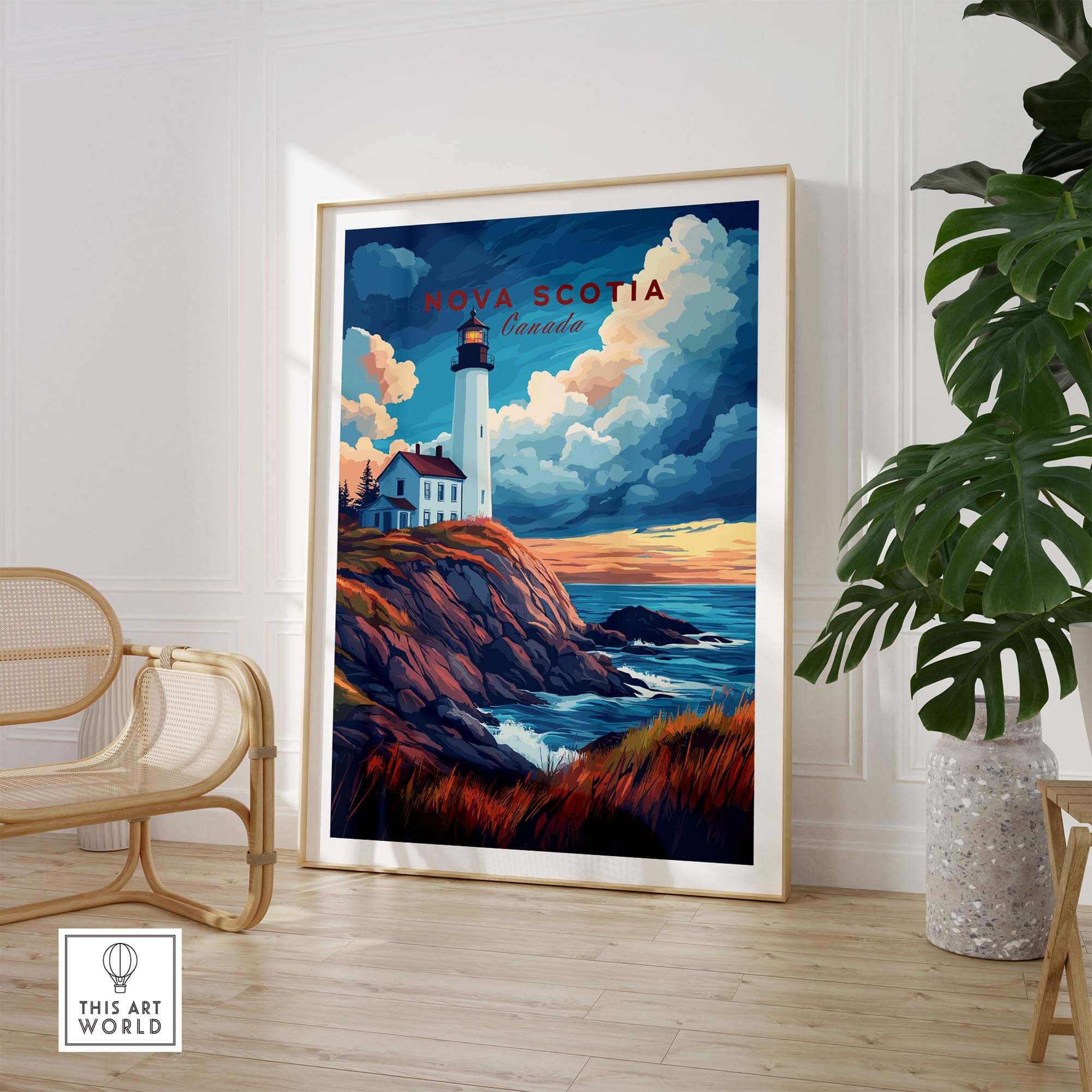 Nova Scotia Travel Print showcasing a colorful lighthouse and coastline scenery in a modern home setting.