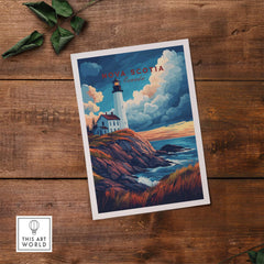 Nova Scotia Travel Print featuring a lighthouse and scenic coastal landscape in vibrant colors.