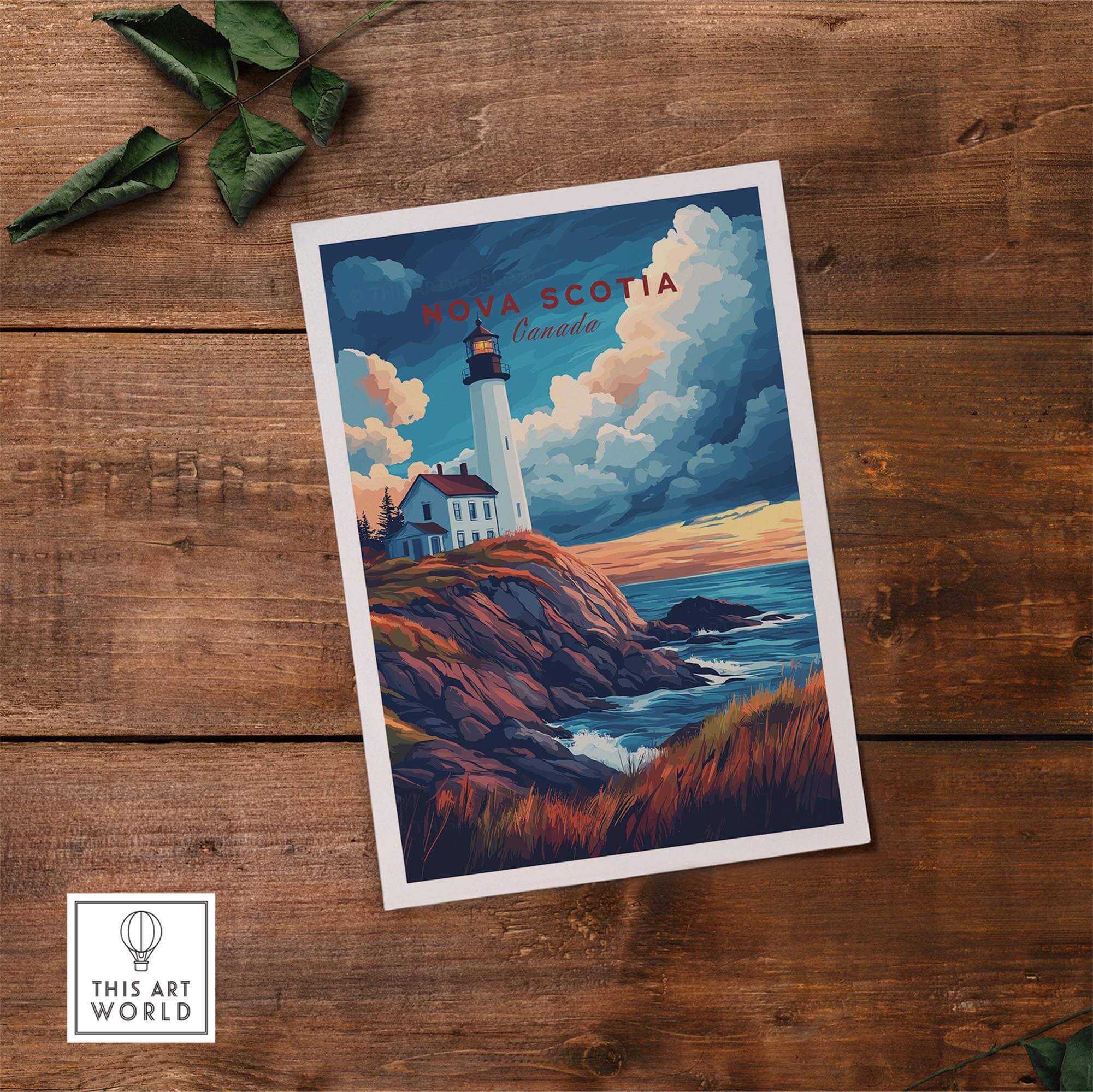 Nova Scotia Travel Print featuring a lighthouse and scenic coastal landscape in vibrant colors.