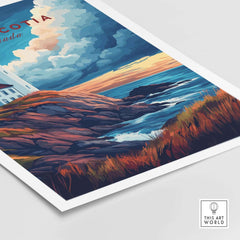 Nova Scotia Travel Print featuring a beautiful coastal landscape with a lighthouse and dramatic skies.