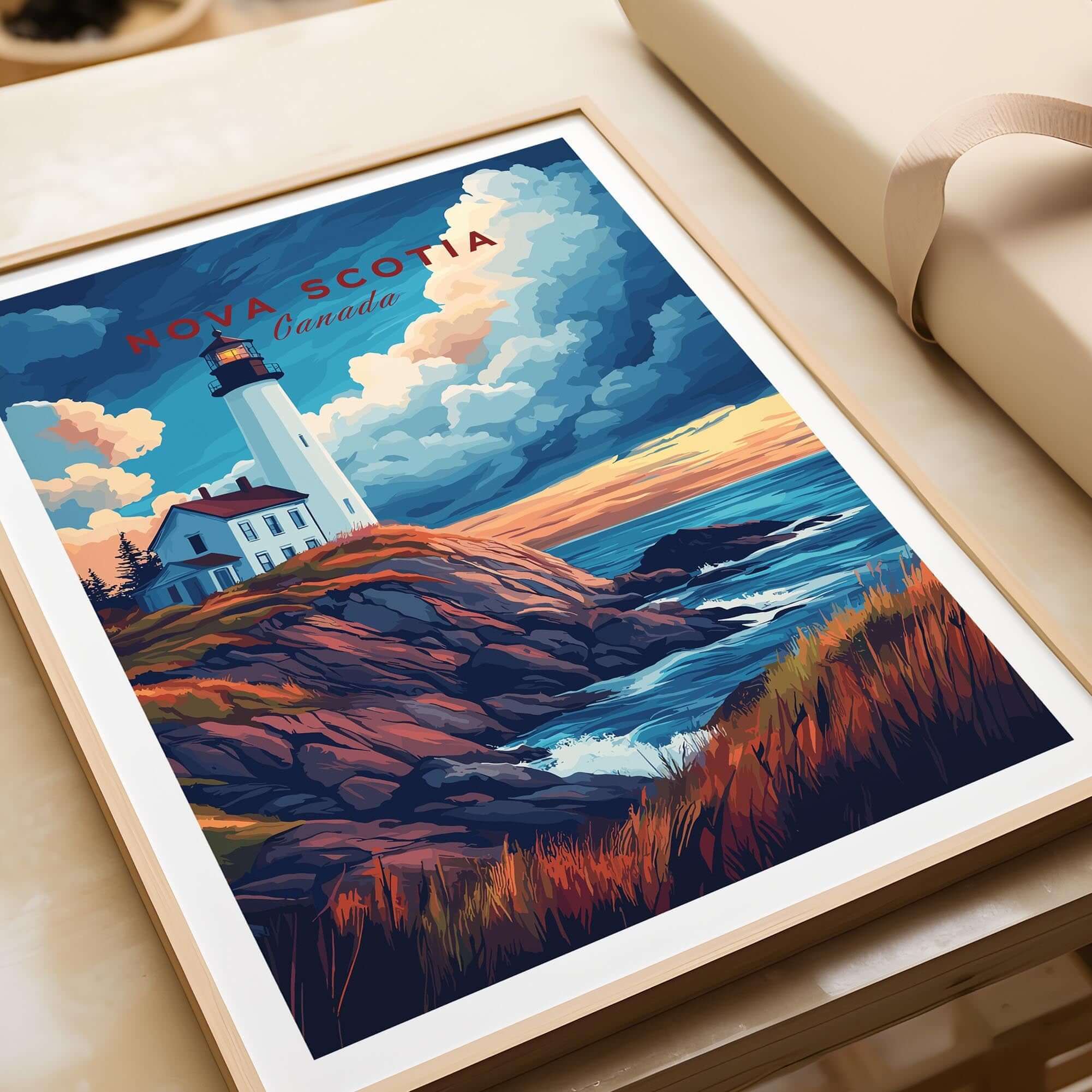 Nova Scotia Travel Print featuring a vibrant lighthouse scene with dramatic clouds and ocean waves.
