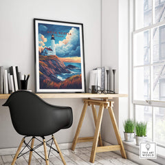 Nova Scotia Travel Print showcasing a lighthouse by the sea, perfect for home or office decor.