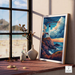 Nova Scotia Travel Print featuring a lighthouse and coastal landscape, perfect wall art for home or office decor.