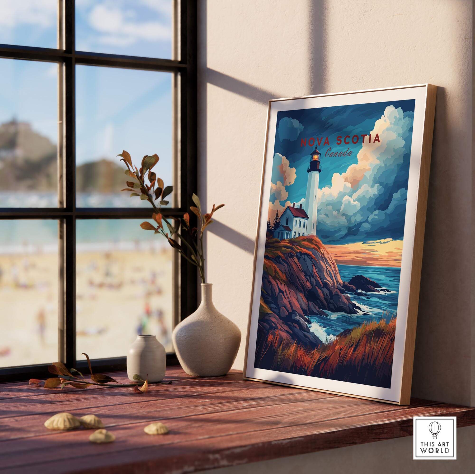 Nova Scotia Travel Print featuring a lighthouse and coastal landscape, perfect wall art for home or office decor.