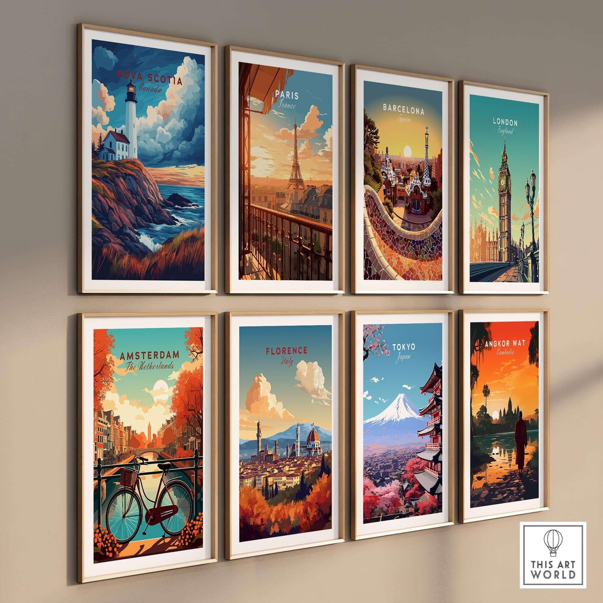 Nova Scotia Travel Print and other vibrant city travel prints arranged on a wall, showcasing iconic landmarks and landscapes.