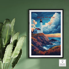 Nova Scotia Travel Print featuring a lighthouse and coastal scenery, showcasing the beauty of Nova Scotia, Canada.