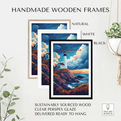Handmade wooden frames in natural, white, and black options displaying a Nova Scotia Travel Print.