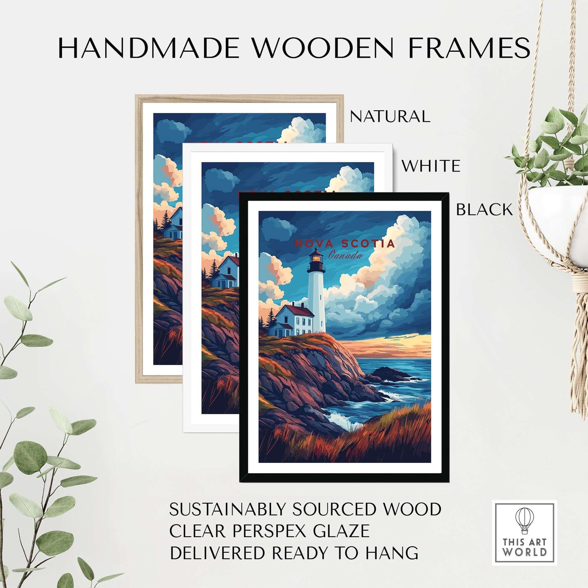 Handmade wooden frames in natural, white, and black options displaying a Nova Scotia Travel Print.