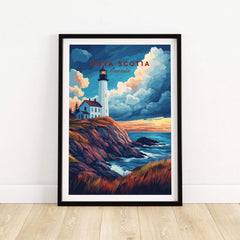 Nova Scotia Travel Print featuring a lighthouse and coastline, showcasing Canada's East Coast landscape.