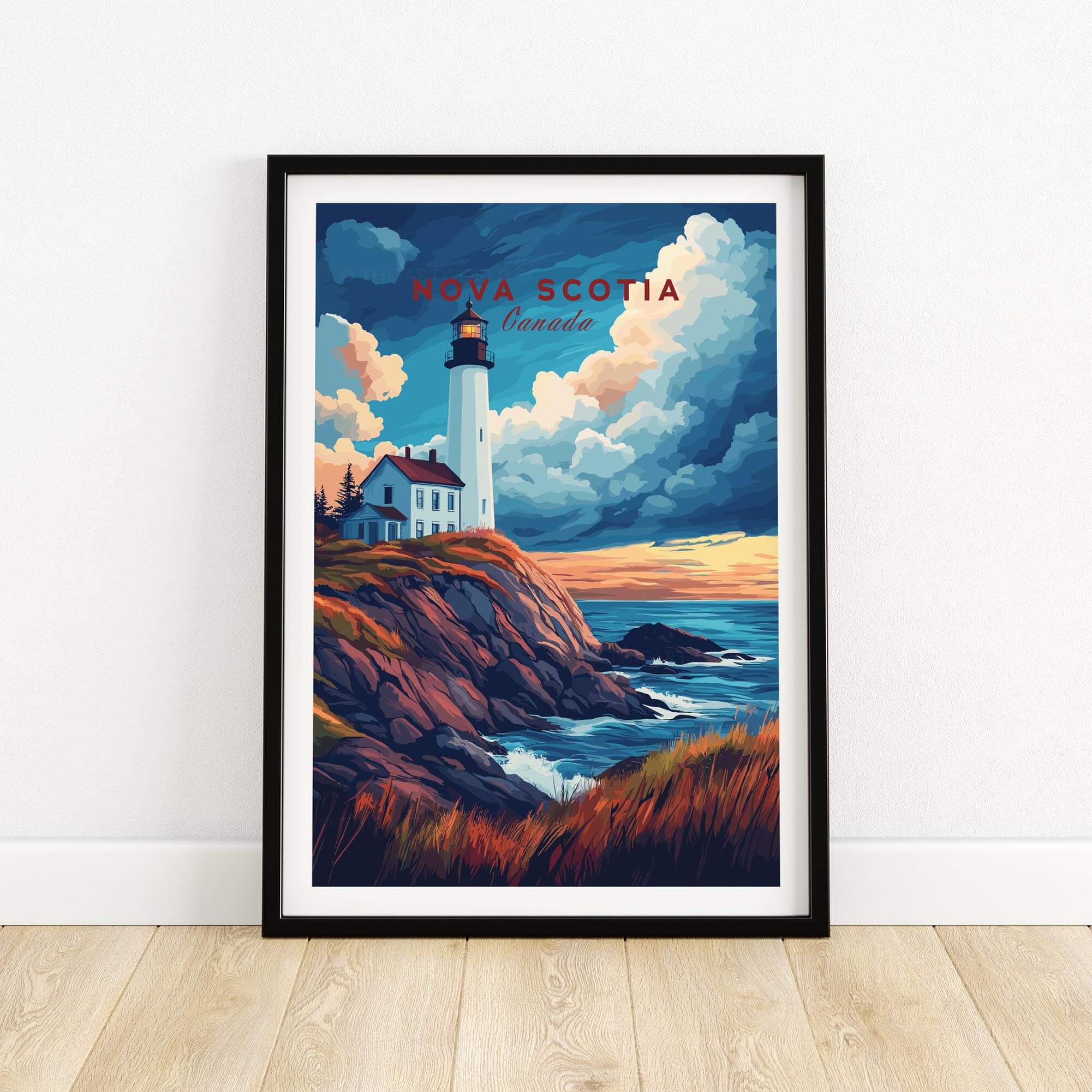 Nova Scotia Travel Print featuring a lighthouse and coastline, showcasing Canada's East Coast landscape.