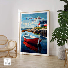 Nova Scotia Wall Art Print featuring a vibrant red boat and scenic coastal landscape.