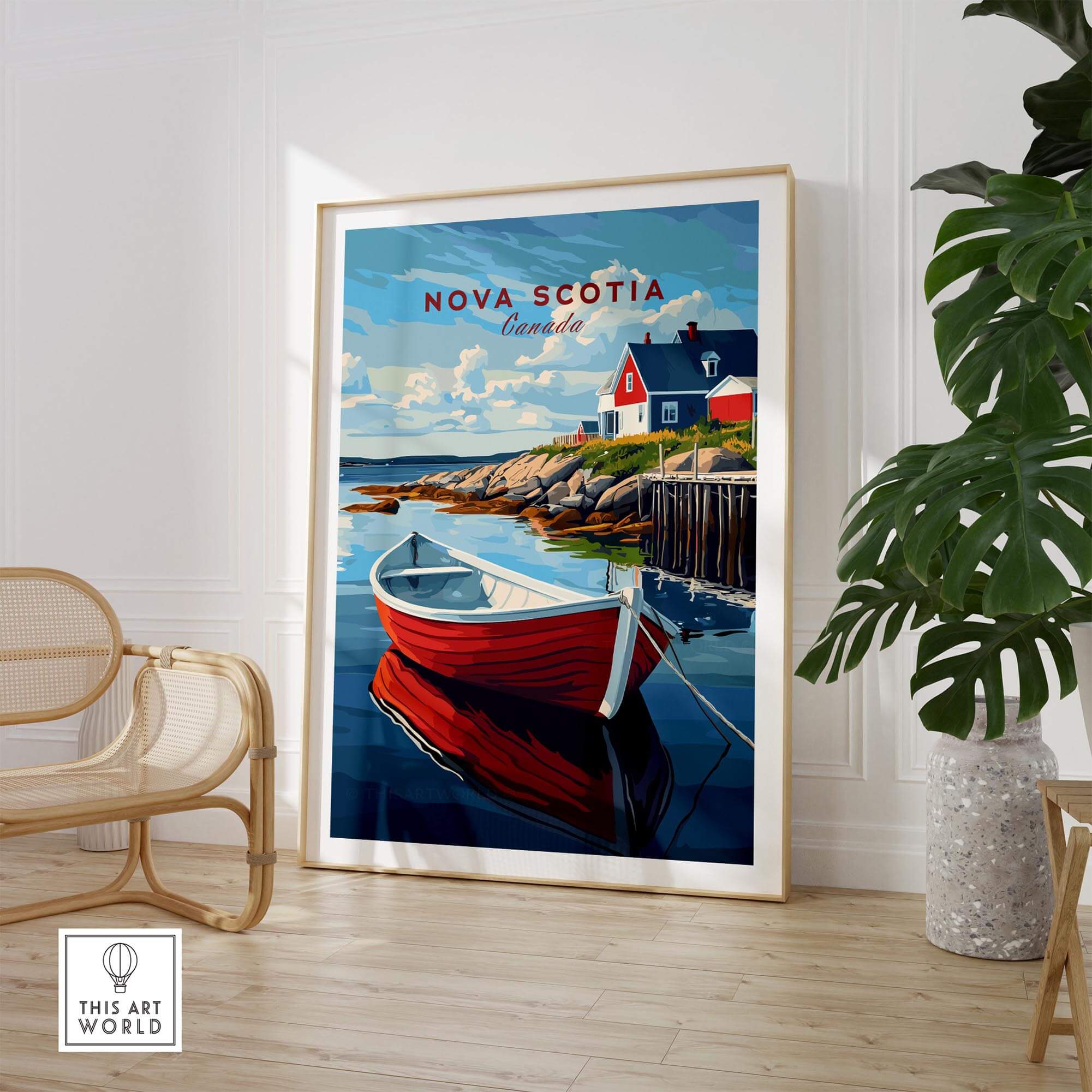 Nova Scotia Wall Art Print featuring a vibrant red boat and scenic coastal landscape.