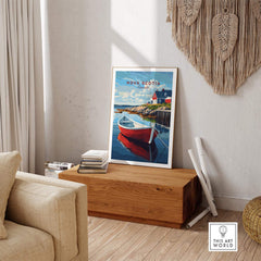 Nova Scotia Wall Art Print featuring a colorful boat and scenic landscape, perfect for home decor.