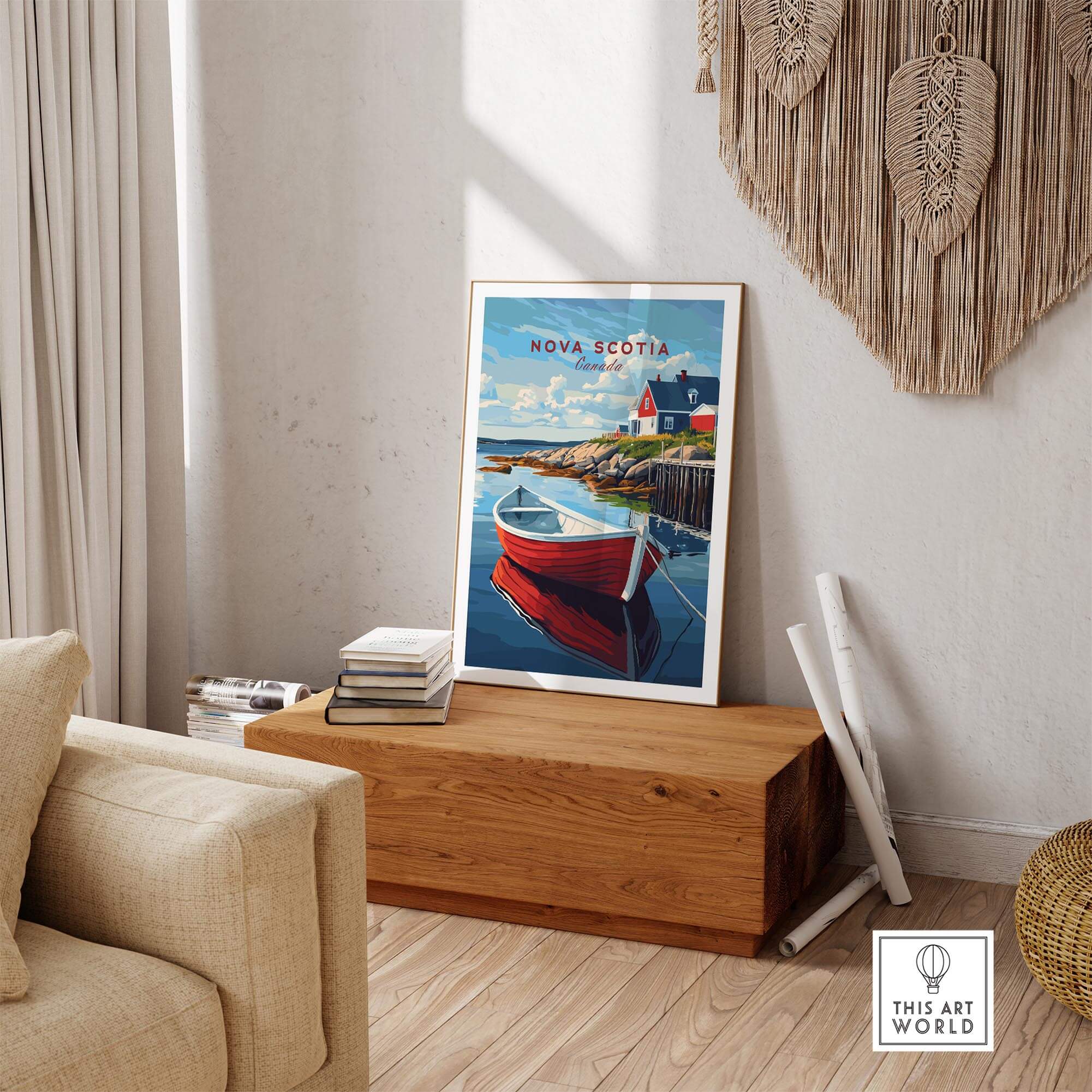 Nova Scotia Wall Art Print featuring a colorful boat and scenic landscape, perfect for home decor.