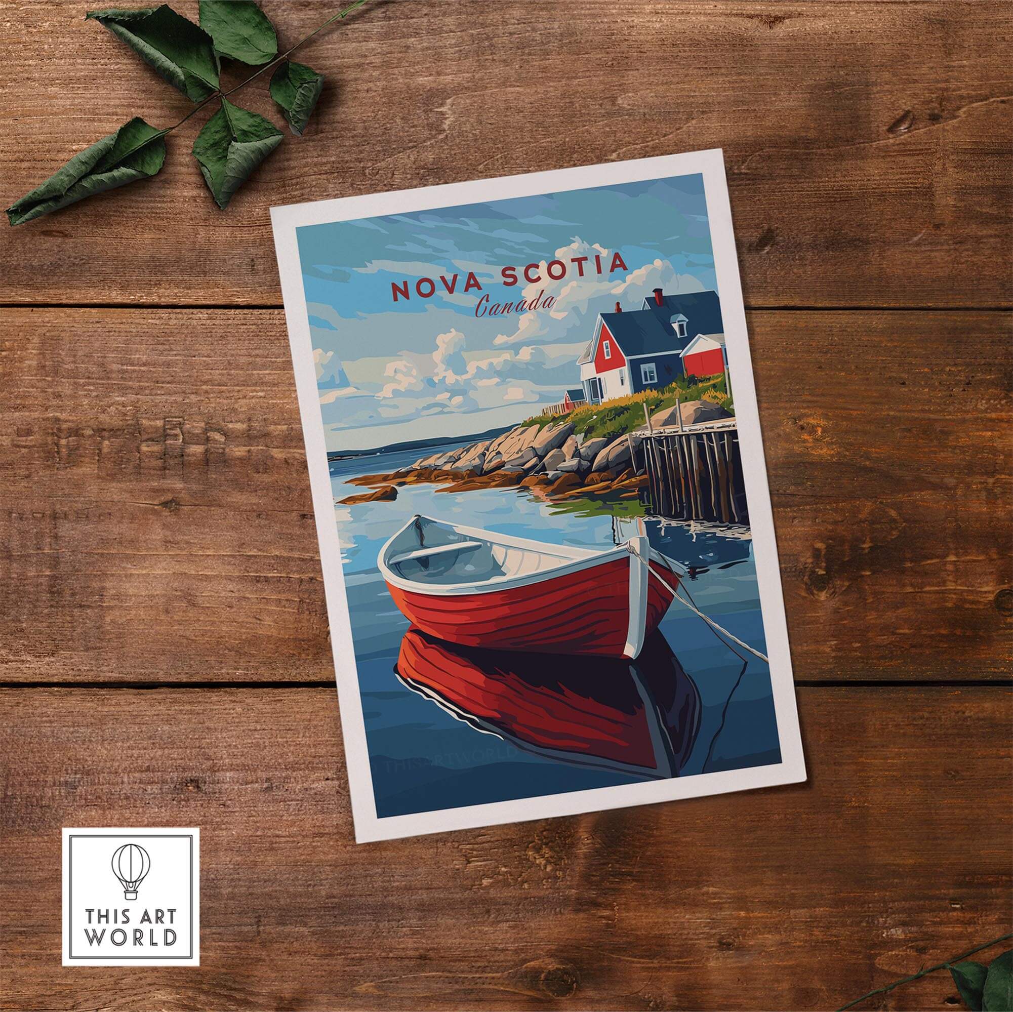 Nova Scotia Wall Art Print featuring a vibrant red boat and scenic coastal landscape.