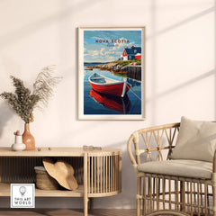 Nova Scotia Wall Art Print featuring a red boat and scenic landscape, perfect for home decor.