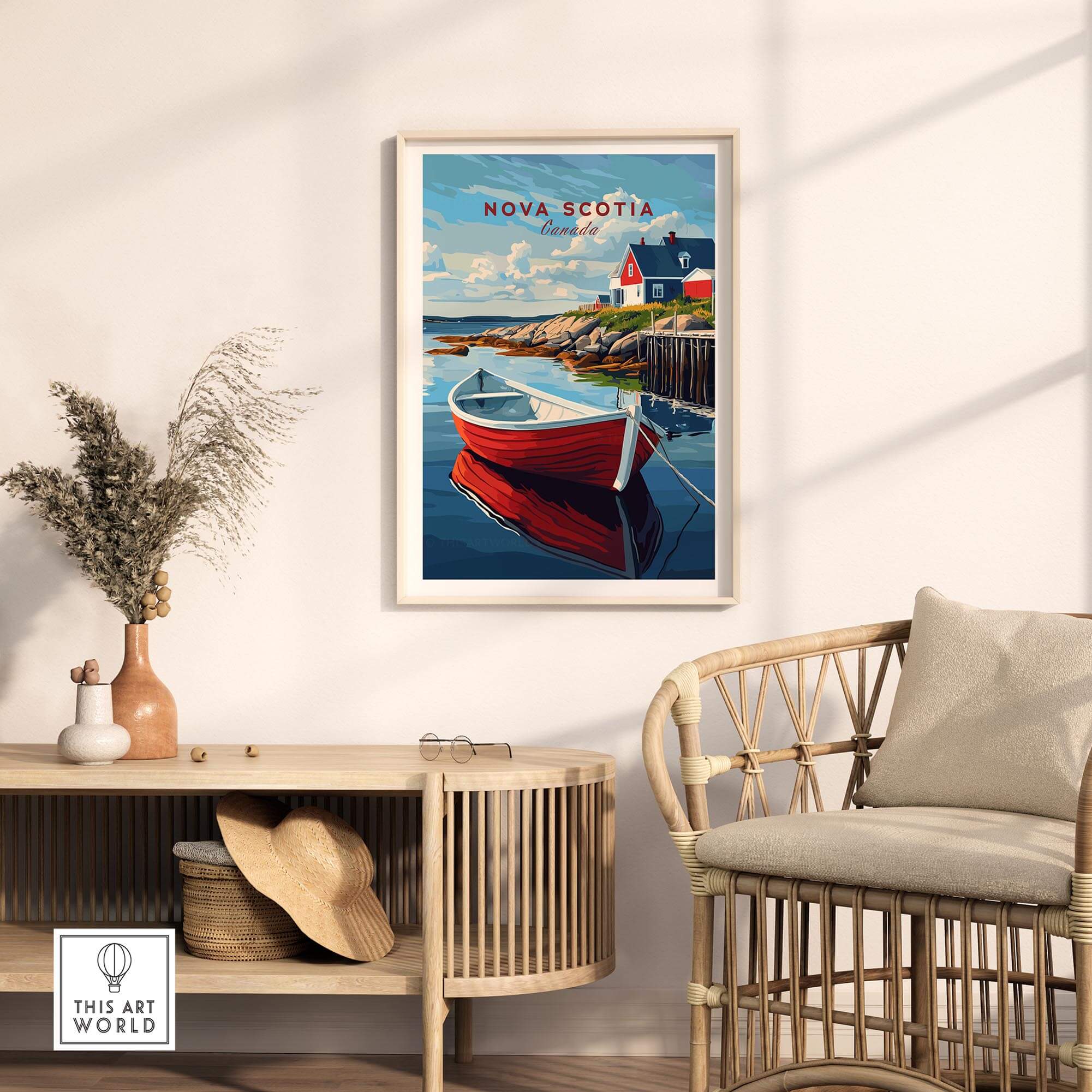 Nova Scotia Wall Art Print featuring a red boat and scenic landscape, perfect for home decor.
