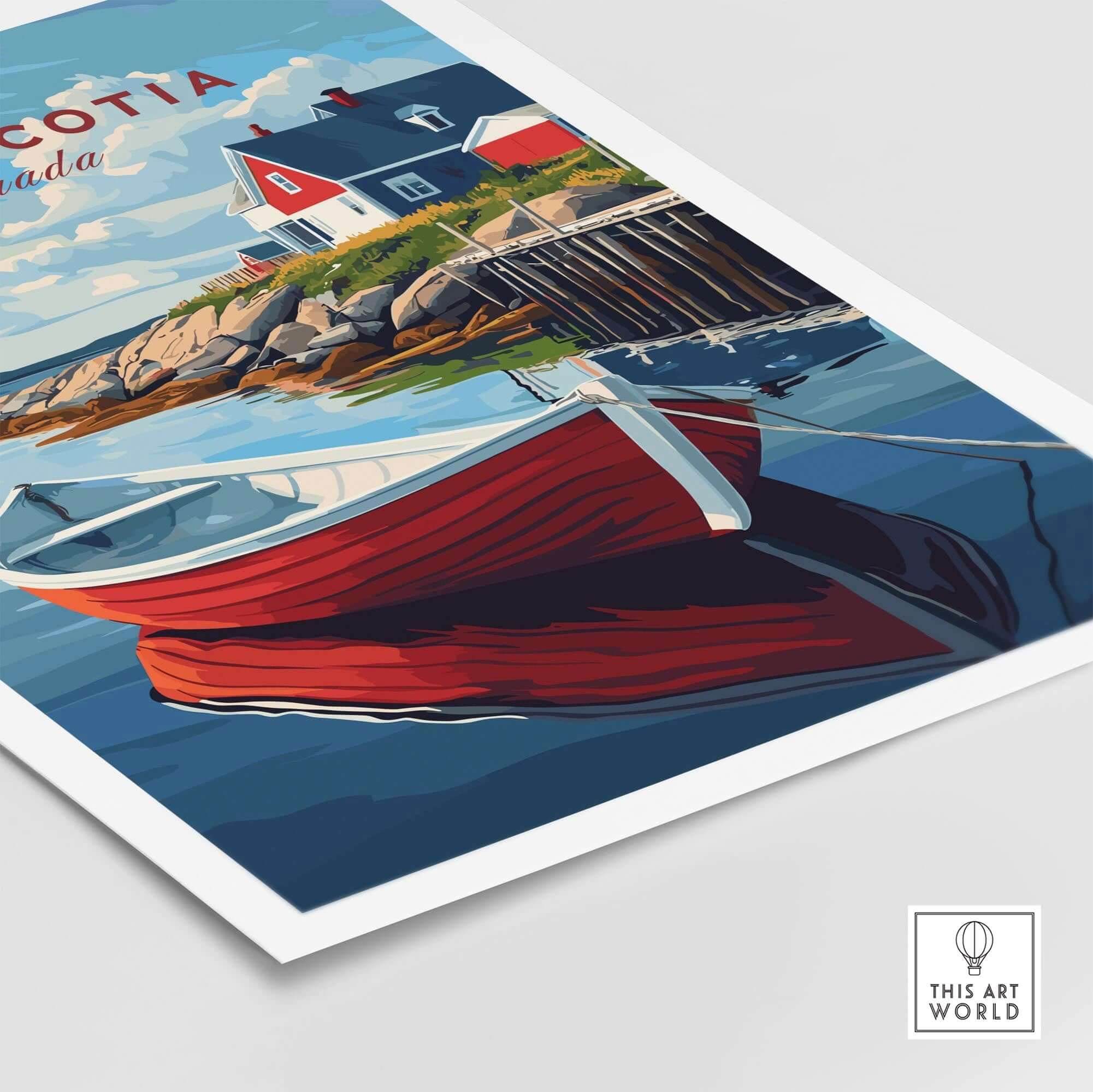 Nova Scotia Wall Art Print featuring a vibrant red boat and picturesque coastal scenery.