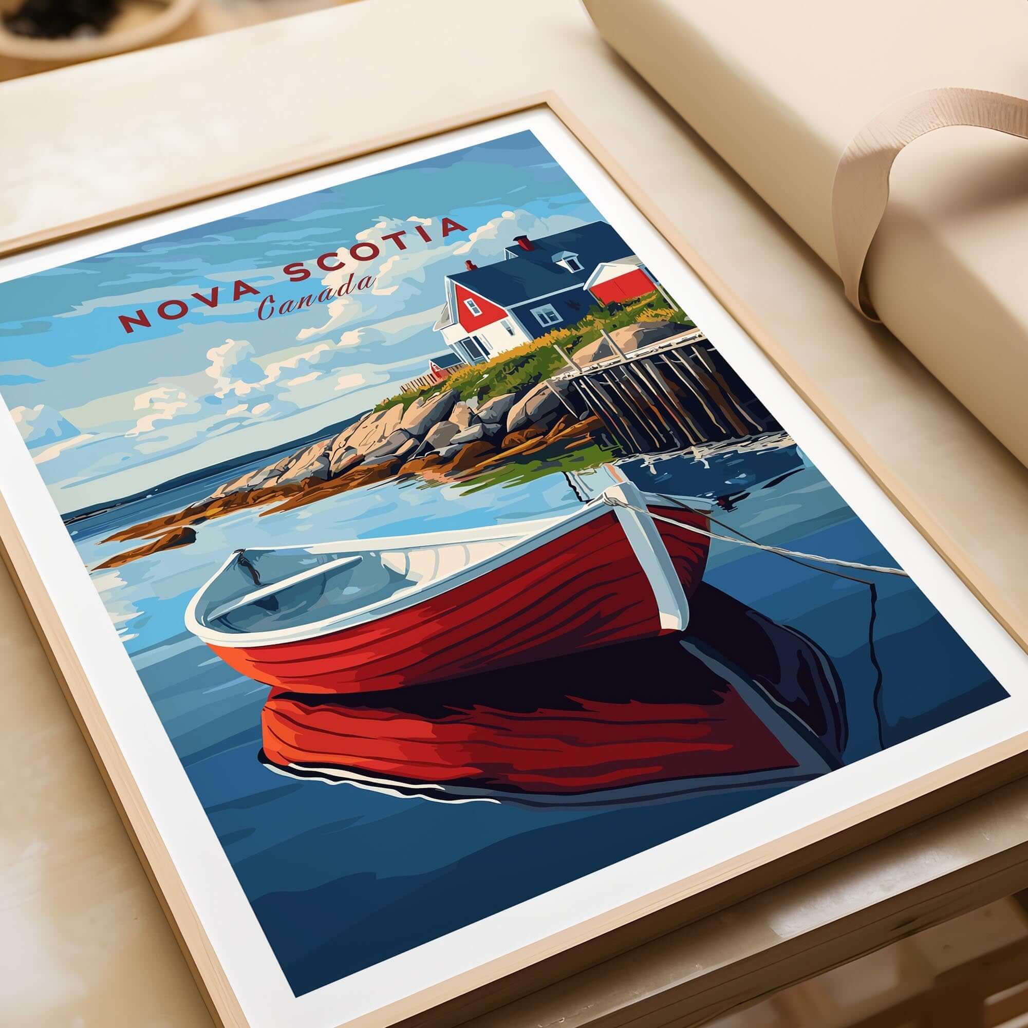 Nova Scotia Wall Art Print featuring a red boat and coastal landscape, vibrant colors capturing the beauty of Canada.