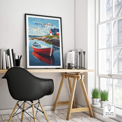 Nova Scotia Wall Art Print featuring a vibrant fishing boat and scenic coastal landscape in a stylish interior setting.