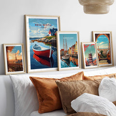 Nova Scotia Wall Art Print featuring vibrant coastal scenery and framed travel posters in a stylish home setting.