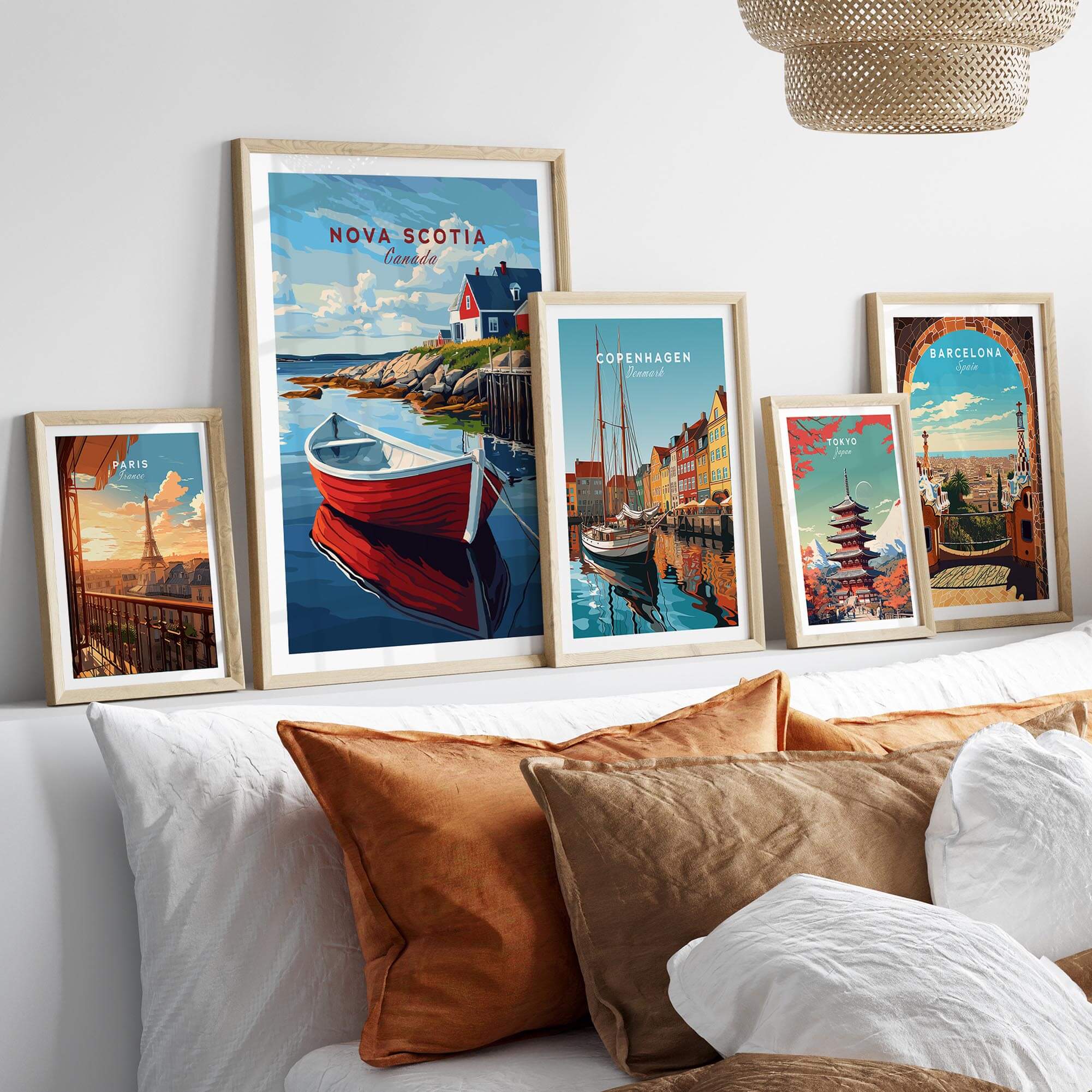 Nova Scotia Wall Art Print featuring vibrant coastal scenery and framed travel posters in a stylish home setting.