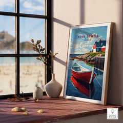 Nova Scotia Wall Art Print featuring a picturesque scene with a red boat and coastal landscape.