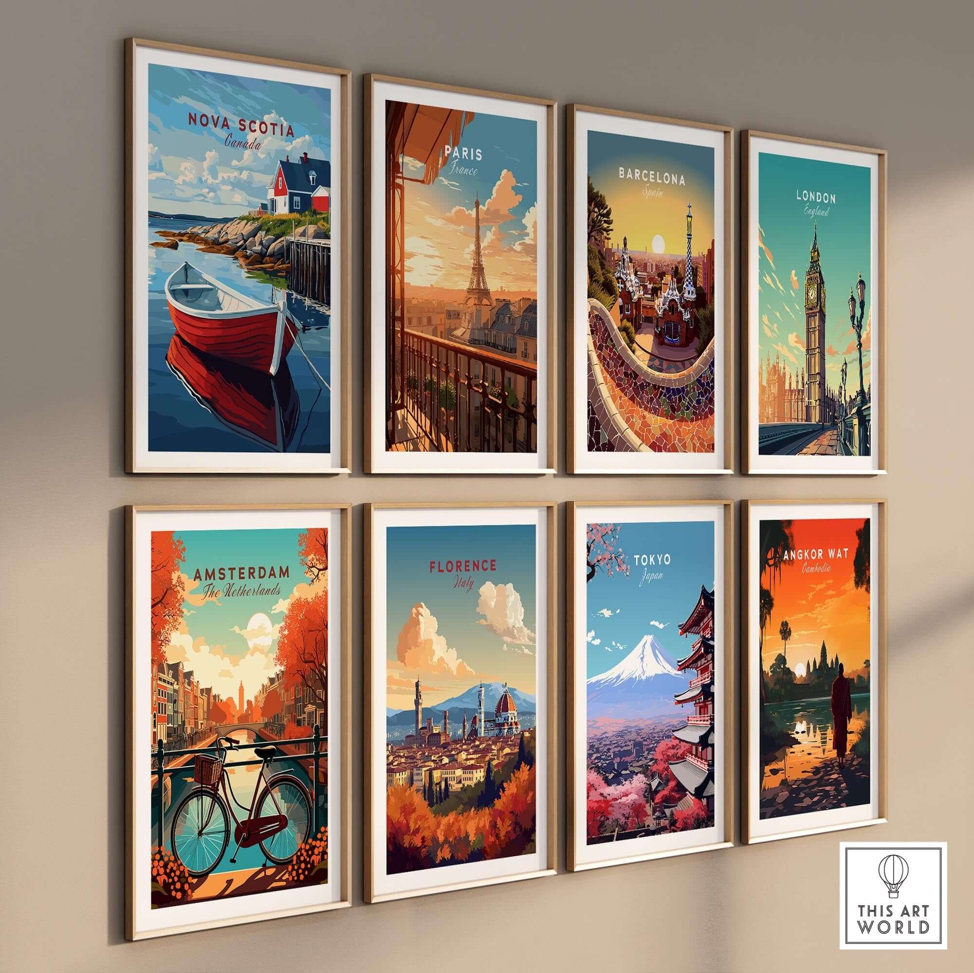 Nova Scotia Wall Art Print along with other vibrant city travel posters displayed in a gallery wall arrangement.