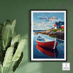 Nova Scotia Wall Art Print featuring a vibrant red boat and picturesque coastal scenery.