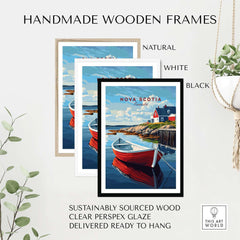 Nova Scotia Wall Art Print displayed in handmade wooden frames, natural, white, and black options, ready to hang.