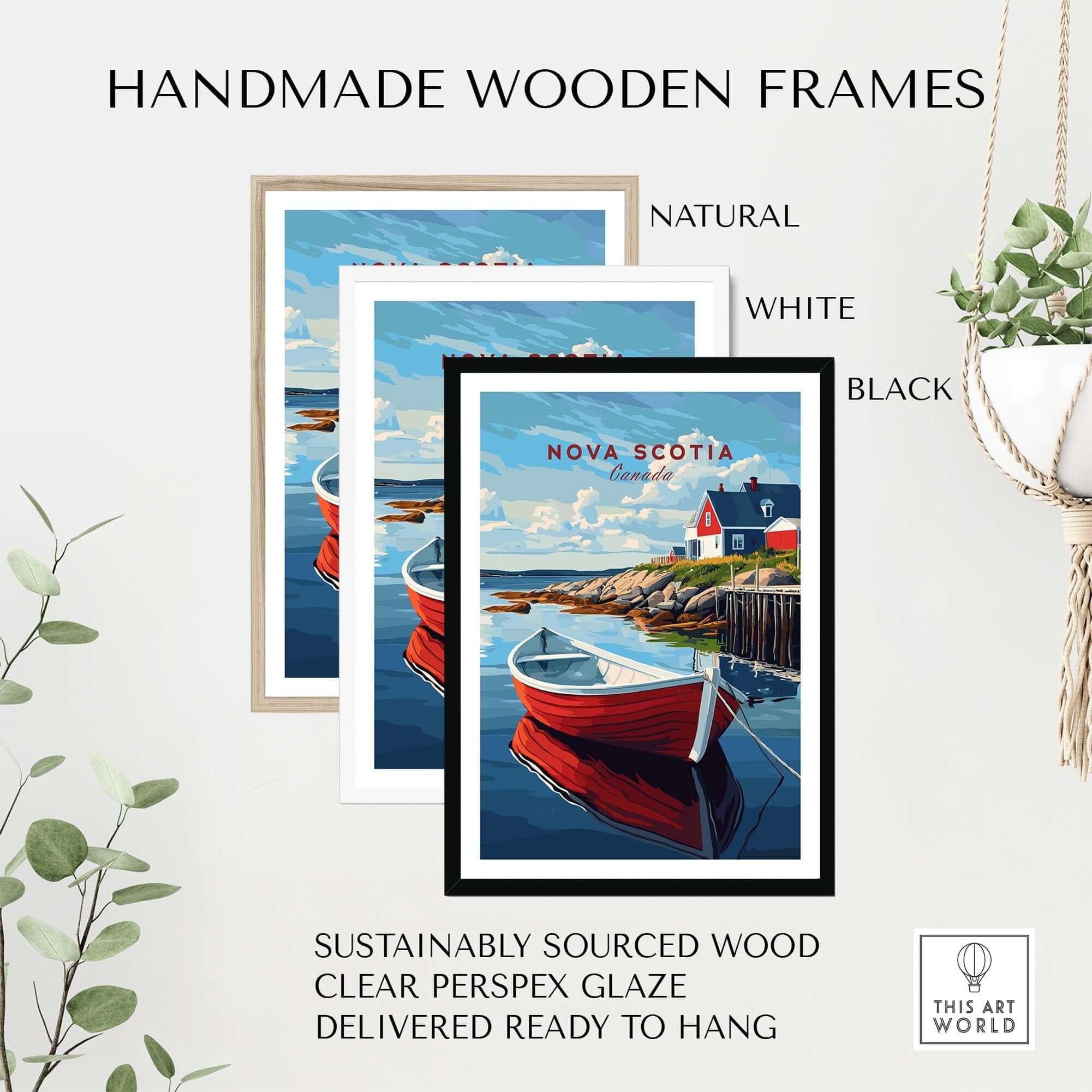 Nova Scotia Wall Art Print displayed in handmade wooden frames, natural, white, and black options, ready to hang.