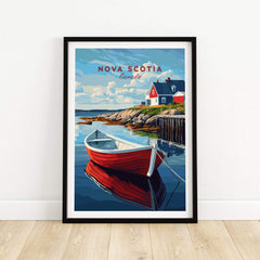 Nova Scotia Wall Art Print featuring a vibrant red boat and picturesque coastal scene.