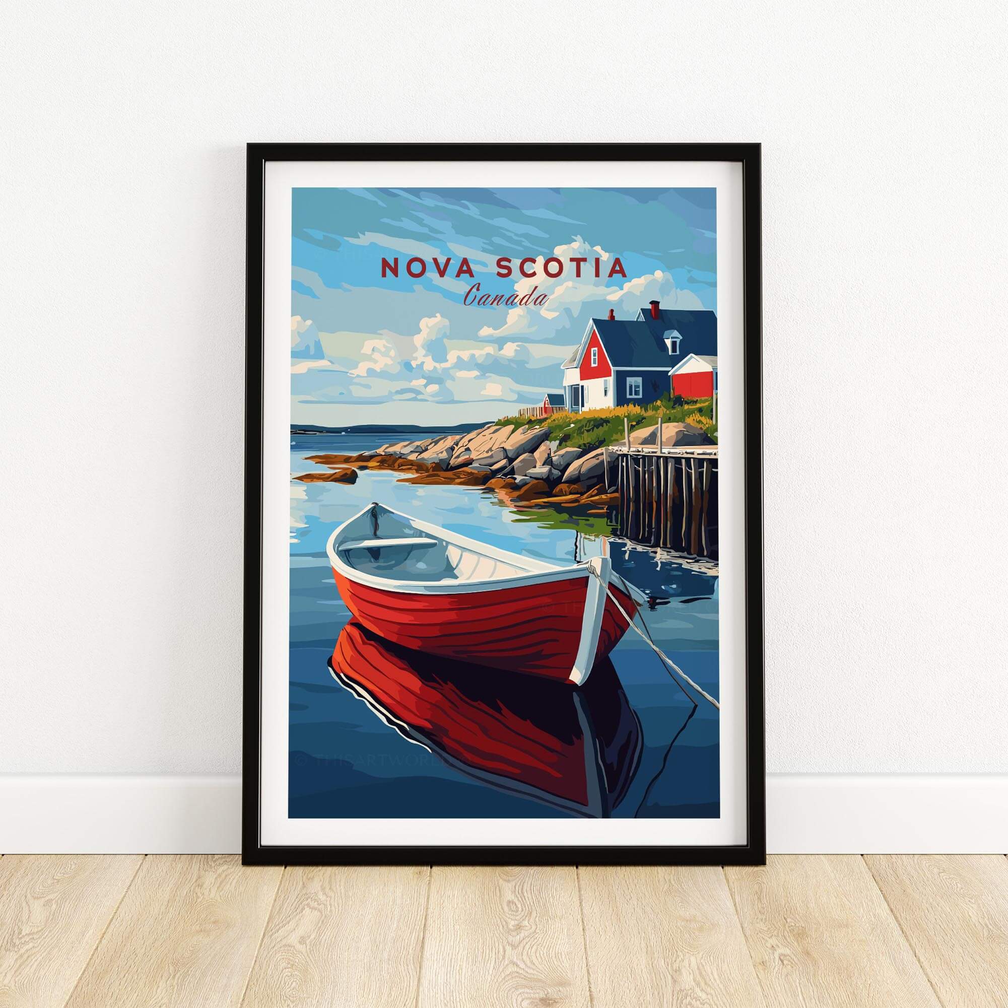 Nova Scotia Wall Art Print featuring a vibrant red boat and picturesque coastal scene.