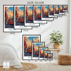 Novi Sad Travel Poster - Serbia size guide showing various dimensions and display options.