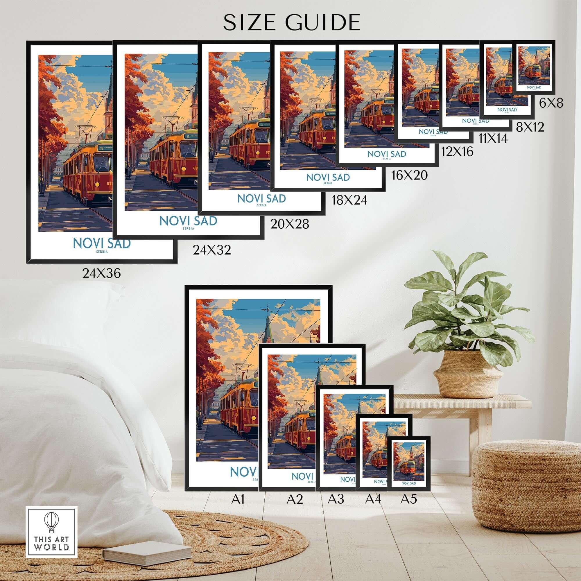 Novi Sad Travel Poster - Serbia size guide showing various dimensions and display options.
