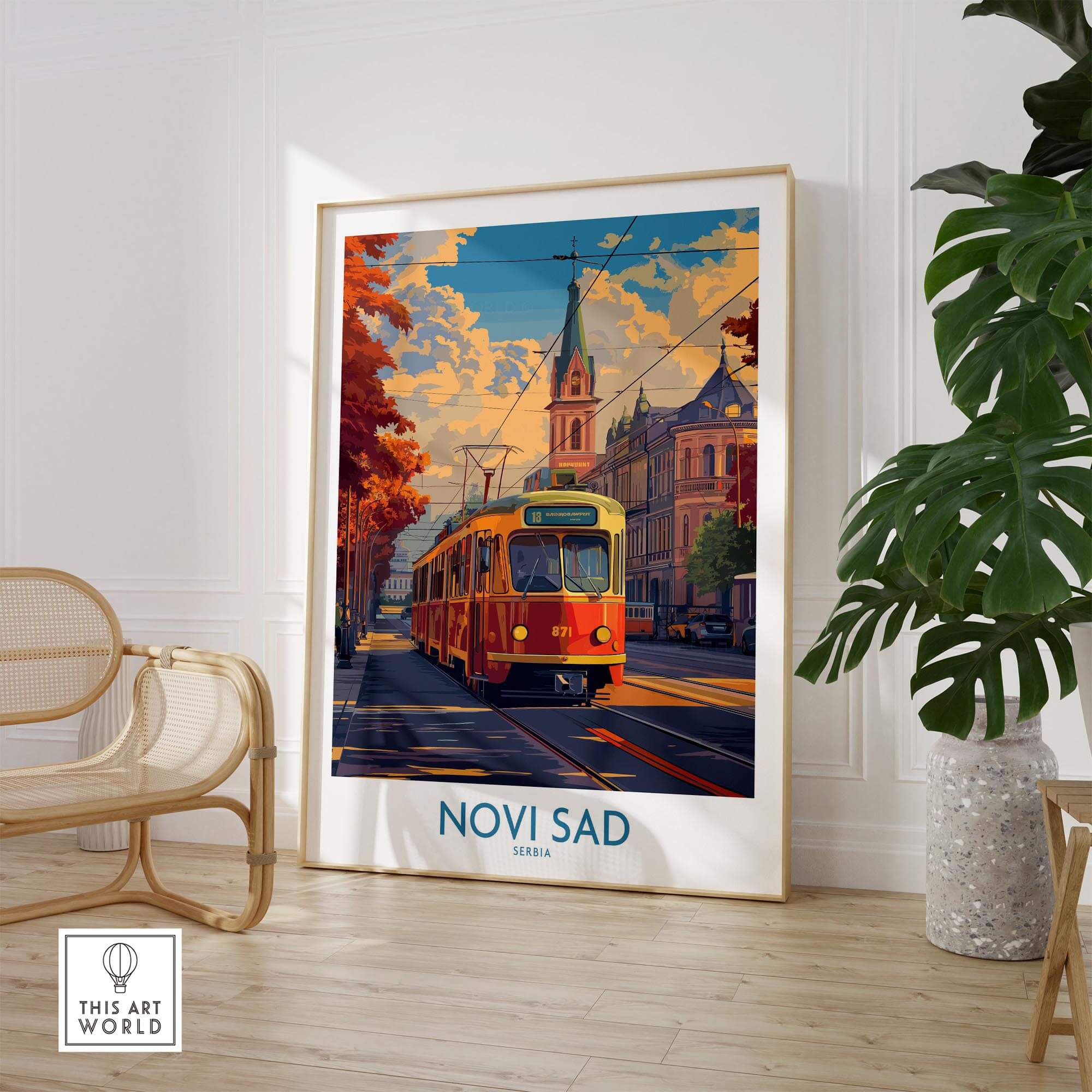 Novi Sad Travel Poster - Serbia showcasing a vibrant tram in a picturesque urban setting.