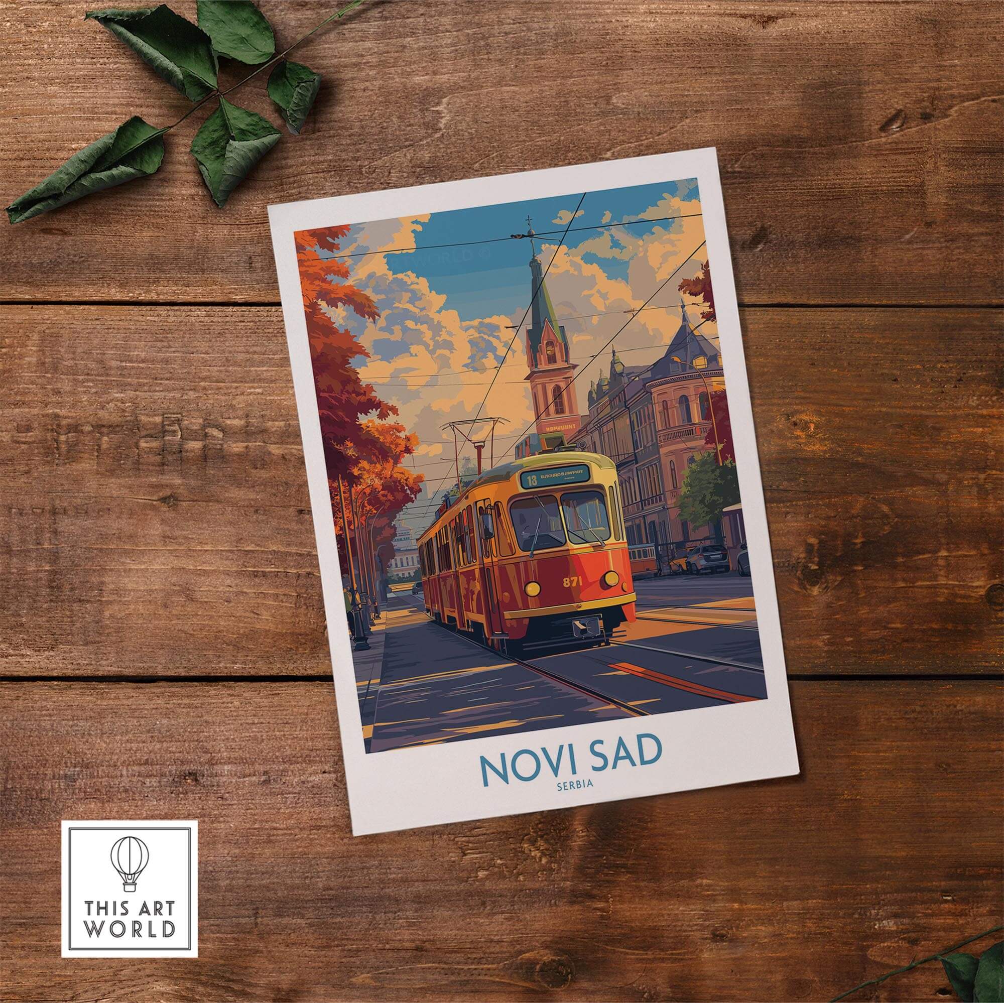 Novi Sad Travel Poster - Serbia featuring a vibrant tram on a city street during sunset.