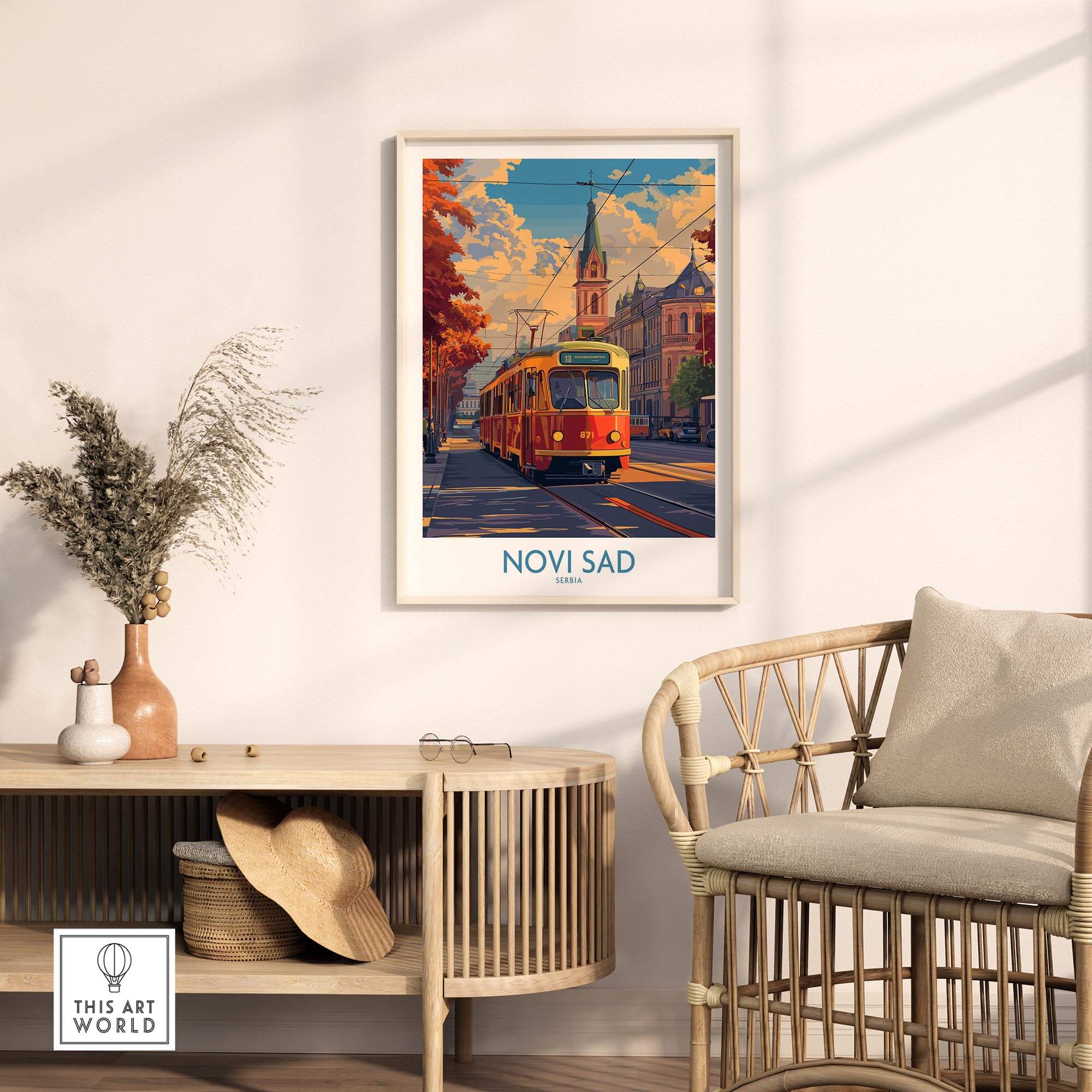 Novi Sad Travel Poster - Serbia featuring colorful tram and cityscape decor.