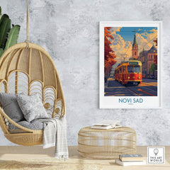 Novi Sad Travel Poster - Serbia showcasing a vibrant tram scene in Novi Sad's cultural backdrop.