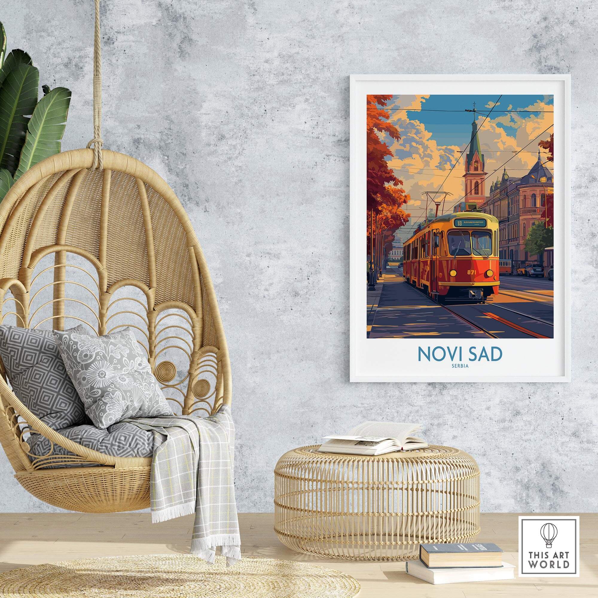 Novi Sad Travel Poster - Serbia showcasing a vibrant tram scene in Novi Sad's cultural backdrop.
