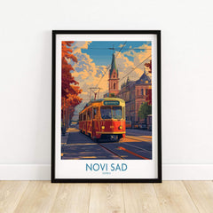 Novi Sad Travel Poster - Serbia featuring a vibrant tram in the scenic streets of Novi Sad.