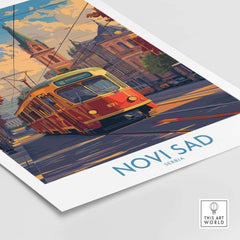Novi Sad Travel Poster - Serbia featuring a vintage tram on a picturesque street in Novi Sad.