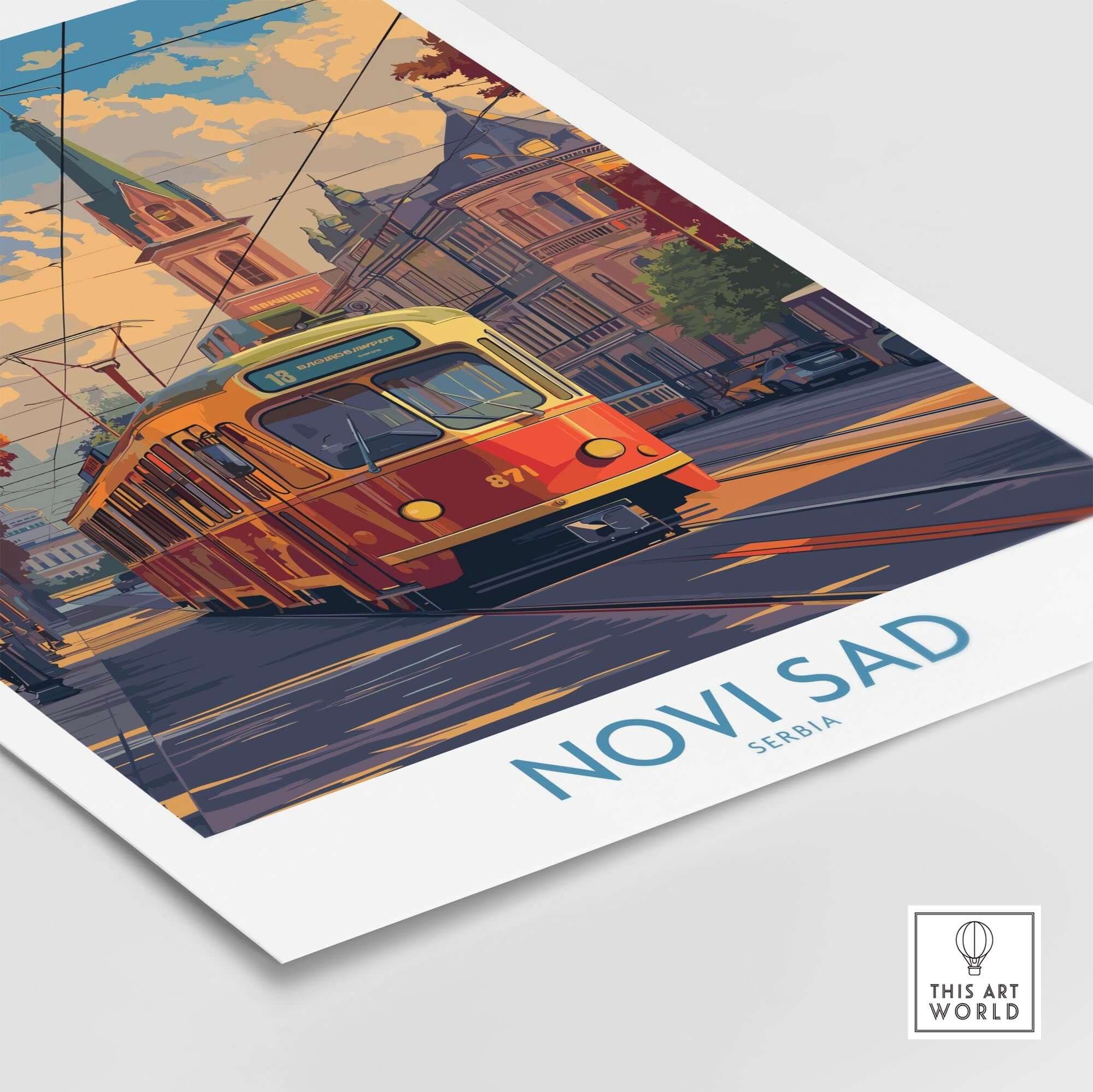 Novi Sad Travel Poster - Serbia featuring a vintage tram on a picturesque street in Novi Sad.
